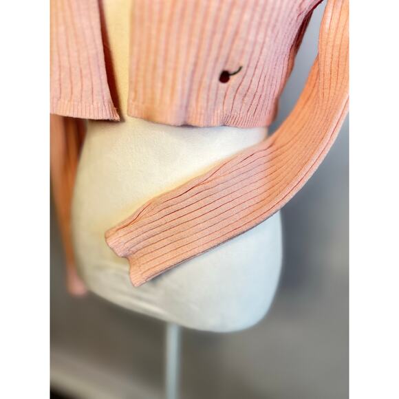 WITTY FOX LONG SLEEVE CROP COLLARED WOMENS GIRLS CARDIGAN SWEATER PINK CHERRIES - Picture 7 of 16